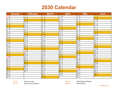 2030 Calendar on 2 Pages, Landscape Orientation