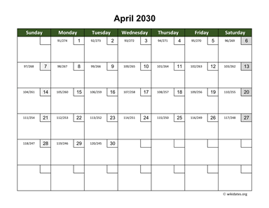 April 2030 Calendar with Day Numbers