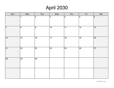 April 2030 Calendar with Weekend Shaded