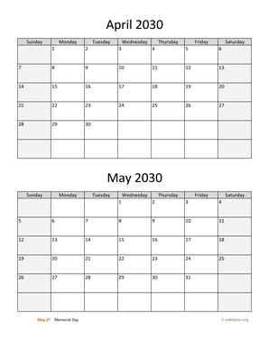 April and May 2030 Calendar Vertical
