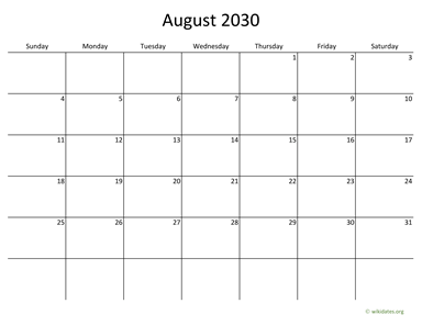 August 2030 Calendar with Bigger boxes