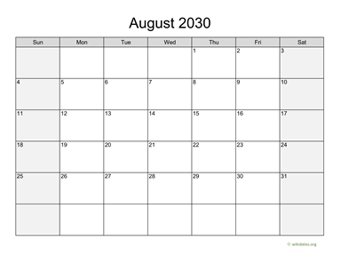 August 2030 Calendar with Weekend Shaded