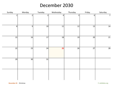 December 2030 Calendar with Bigger boxes