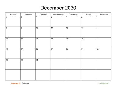 Basic Calendar for December 2030