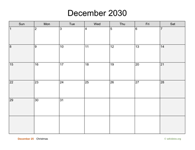 December 2030 Calendar with Weekend Shaded