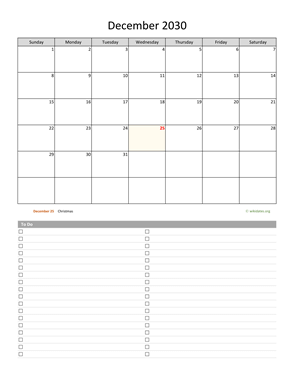 December 2030 Calendar with To-Do List