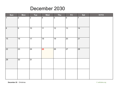 December 2030 Calendar with Notes