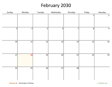 February 2030 Calendar with Bigger boxes