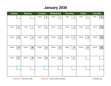 January 2030 Calendar with Day Numbers