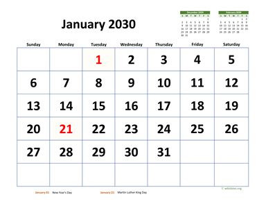 January 2030 Calendar with Extra-large Dates