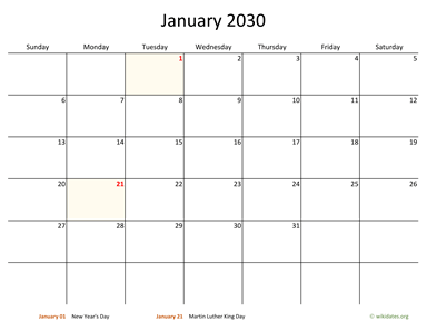 January 2030 Calendar with Bigger boxes