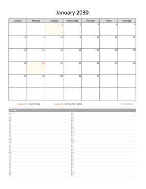January 2030 Calendar with To-Do List