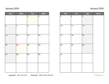 January 2030 Calendar on two pages