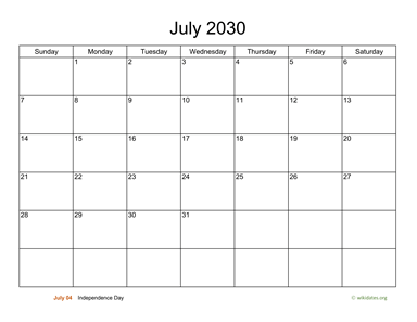 Basic Calendar for July 2030