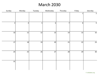 March 2030 Calendar with Bigger boxes