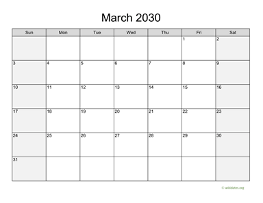 March 2030 Calendar with Weekend Shaded