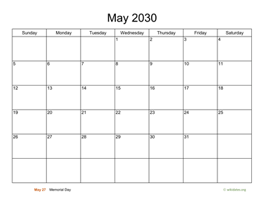 Basic Calendar for May 2030