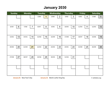 Monthly 2030 Calendar with Day Numbers