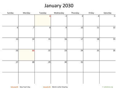 Monthly 2030 Calendar with Bigger boxes