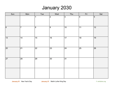 Monthly 2030 Calendar with Weekend Shaded