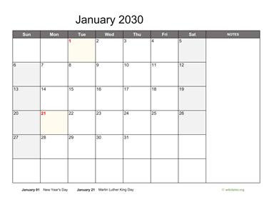 Monthly 2030 Calendar with Notes