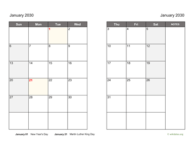 Monthly 2030 Calendar on two pages
