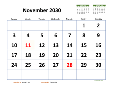 November 2030 Calendar with Extra-large Dates