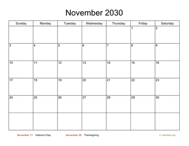 Basic Calendar for November 2030