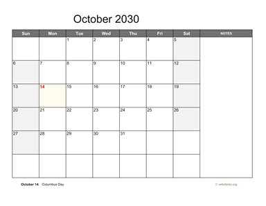 October 2030 Calendar with Notes