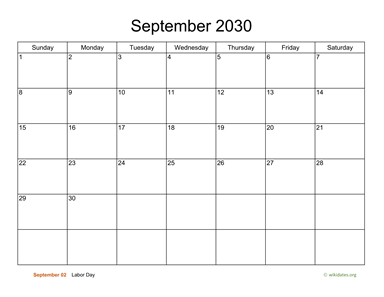 Basic Calendar for September 2030