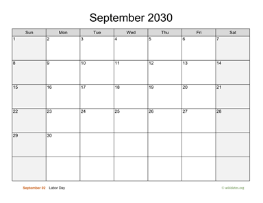 September 2030 Calendar with Weekend Shaded