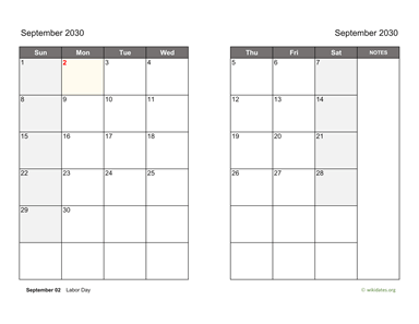 September 2030 Calendar on two pages