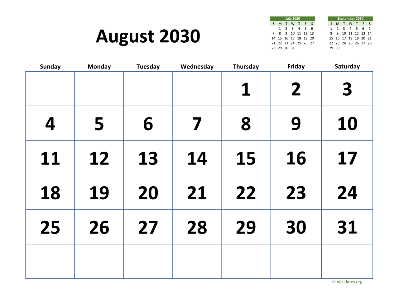 August 2030 Calendar With Extra large Dates WikiDates