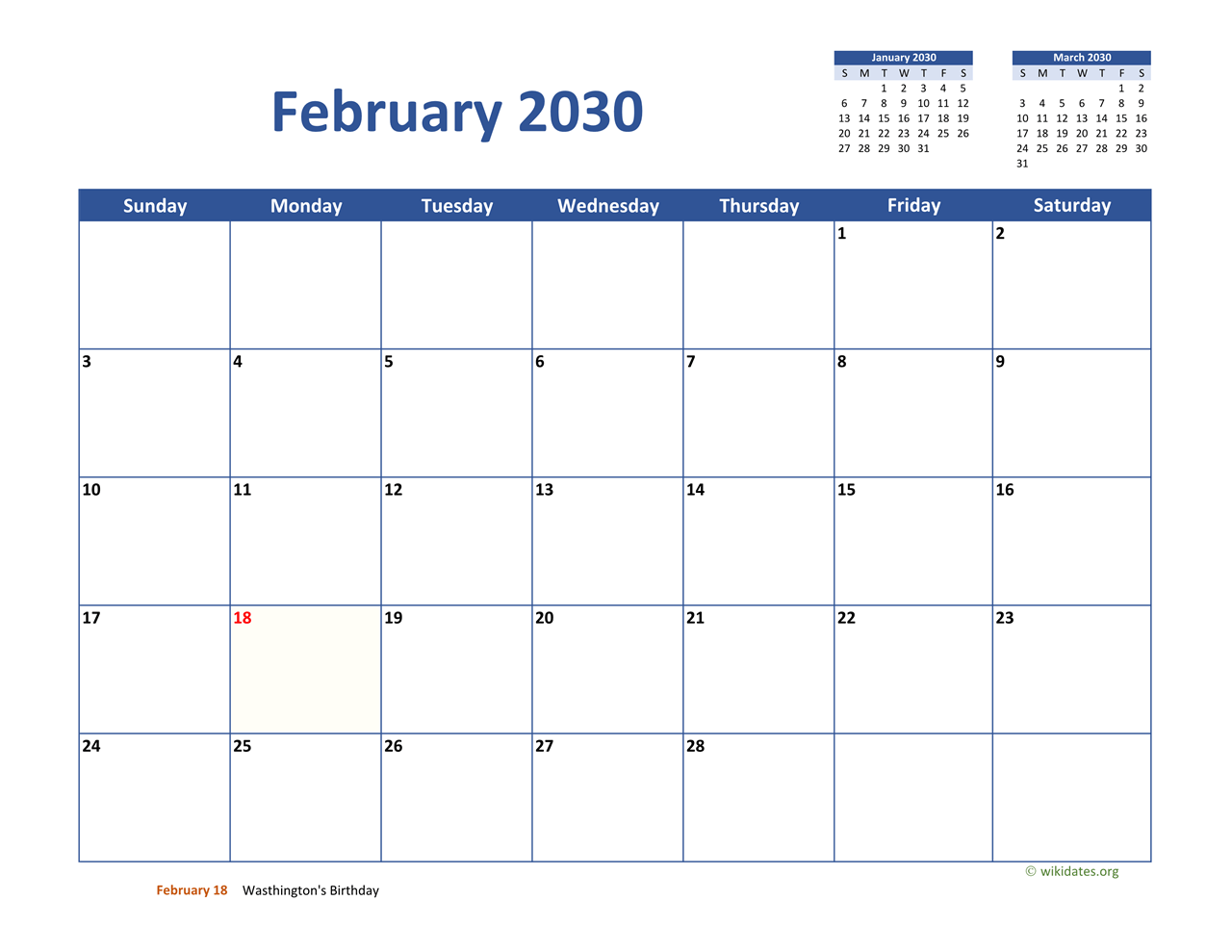 February 2030 Calendar Classic