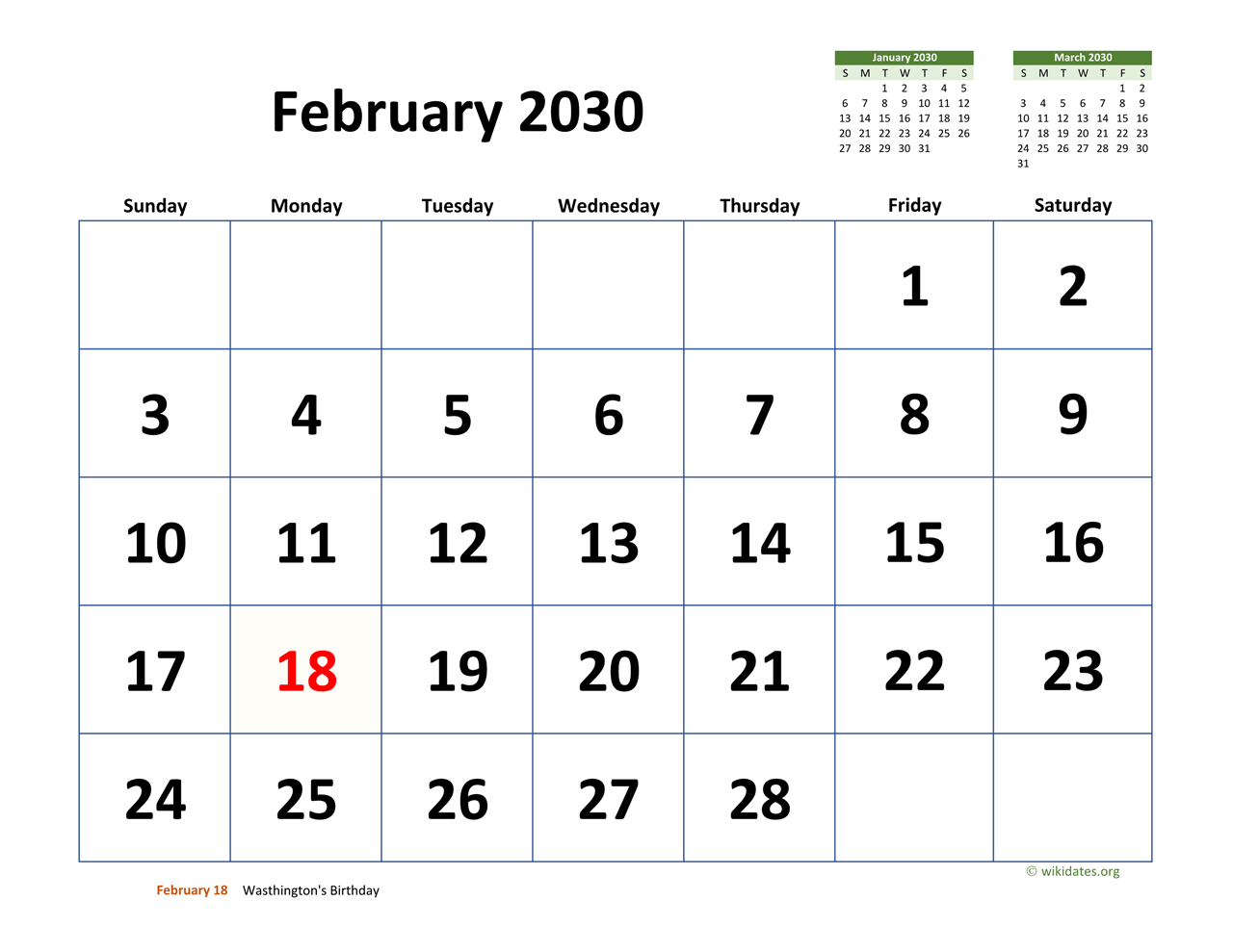 February 2030 Calendar with Extralarge Dates
