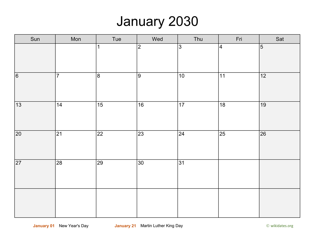 January 2030 Calendar with Weekend Shaded