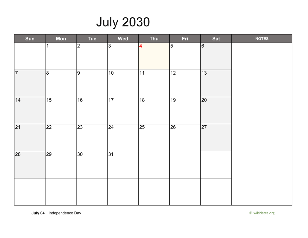 July 2030 Calendar with Notes