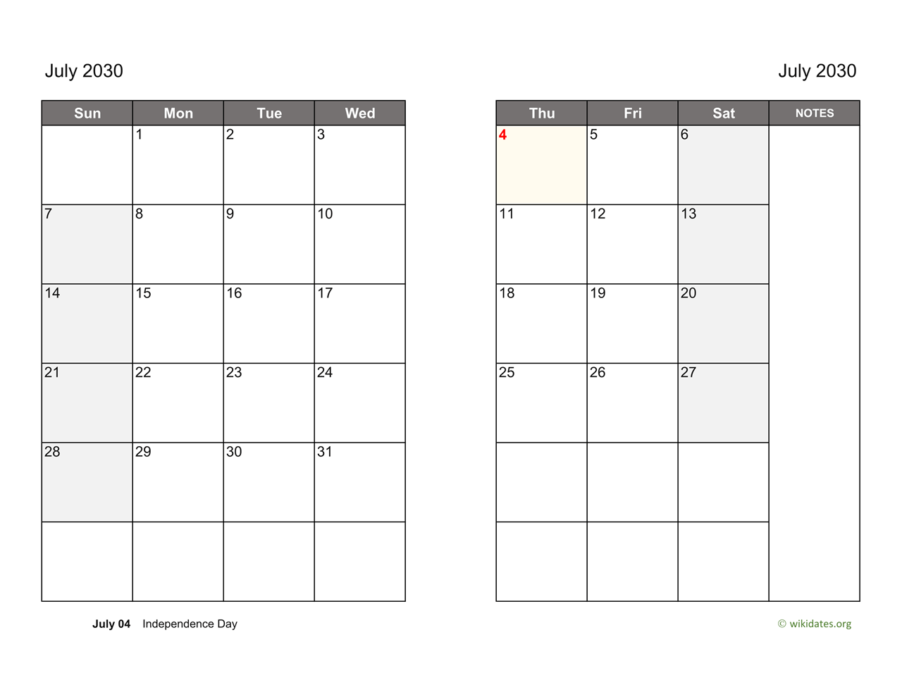 July 2030 calendar on two pages wikidates