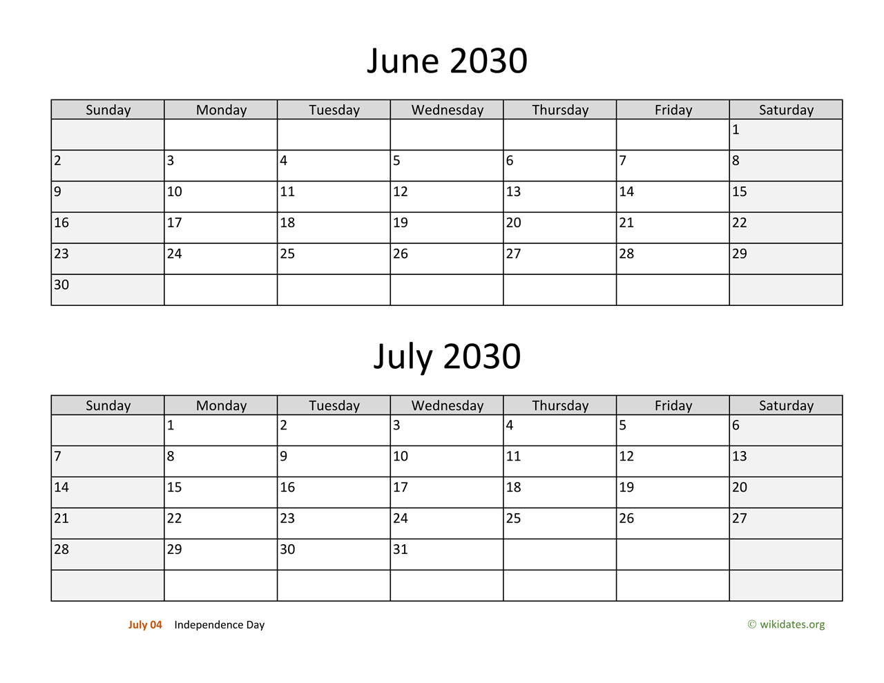 June and July 2030 Calendar
