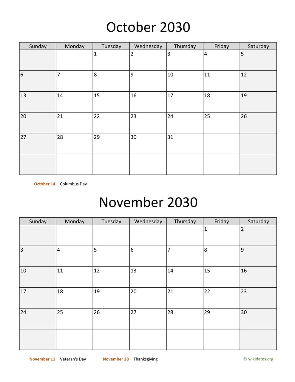 October and november 2030 calendar wikidates