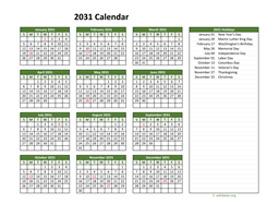 Printable 2031 Calendar with Federal Holidays