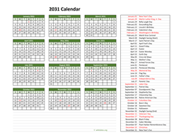 2031 Calendar with US Holidays