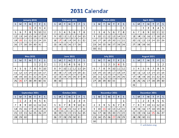 2031 Calendar in PDF