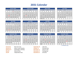 PDF Calendar 2031 with Federal Holidays