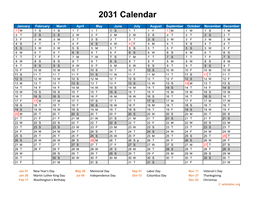 2031 Calendar Horizontal, One Page