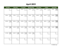 April 2031 Calendar with Day Numbers