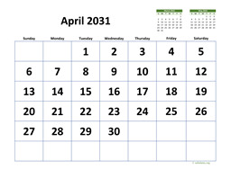 April 2031 Calendar with Extra-large Dates