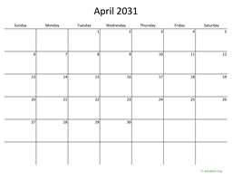 April 2031 Calendar with Bigger boxes