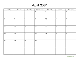 Basic Calendar for April 2031