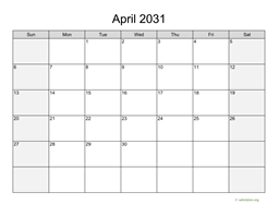 April 2031 Calendar with Weekend Shaded